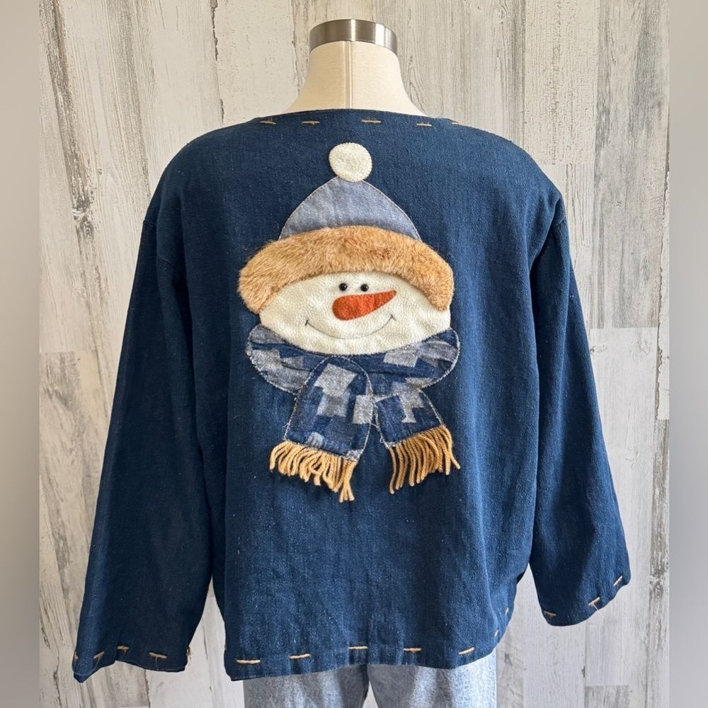 Vintage Snowman Cardigan denim One Size Fits Most Fun Holiday Sweater - Picture 4 of 9